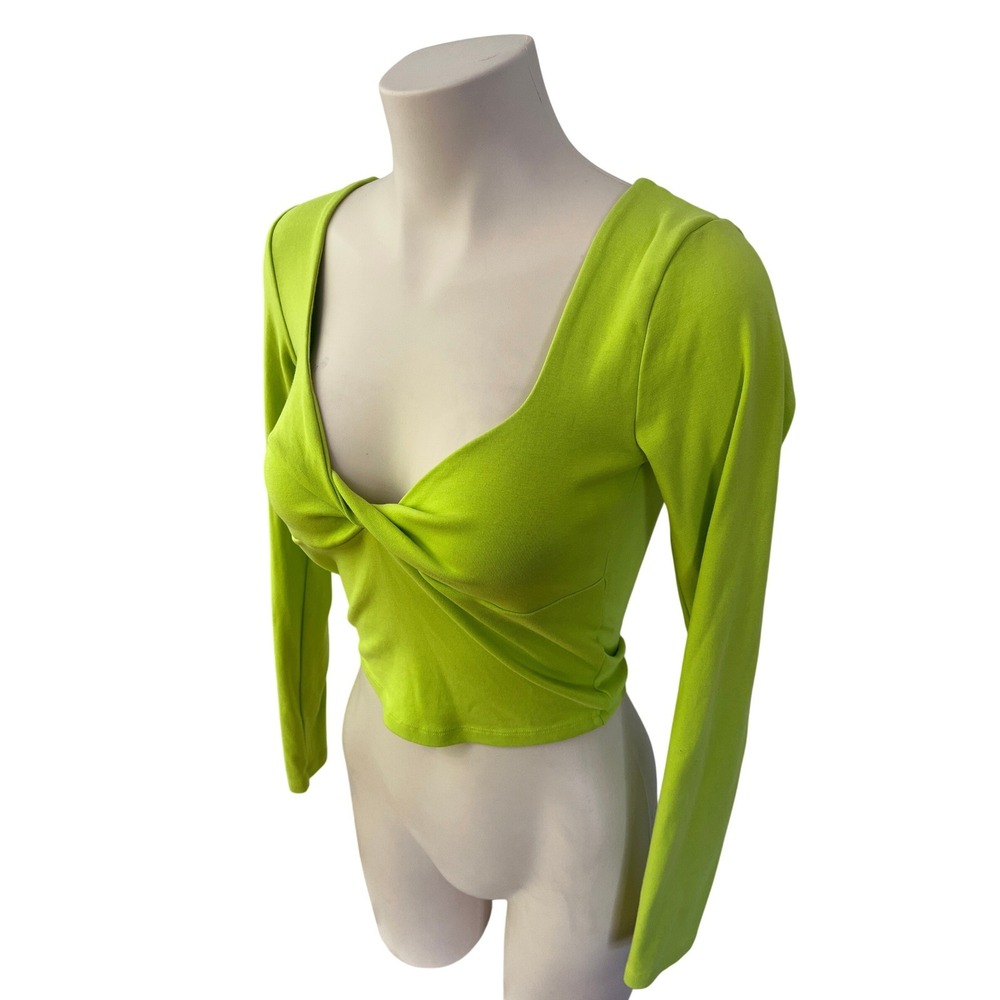 Zara Lime Green Twist Front Long Sleeve V-Neck Crop Top Neon Small